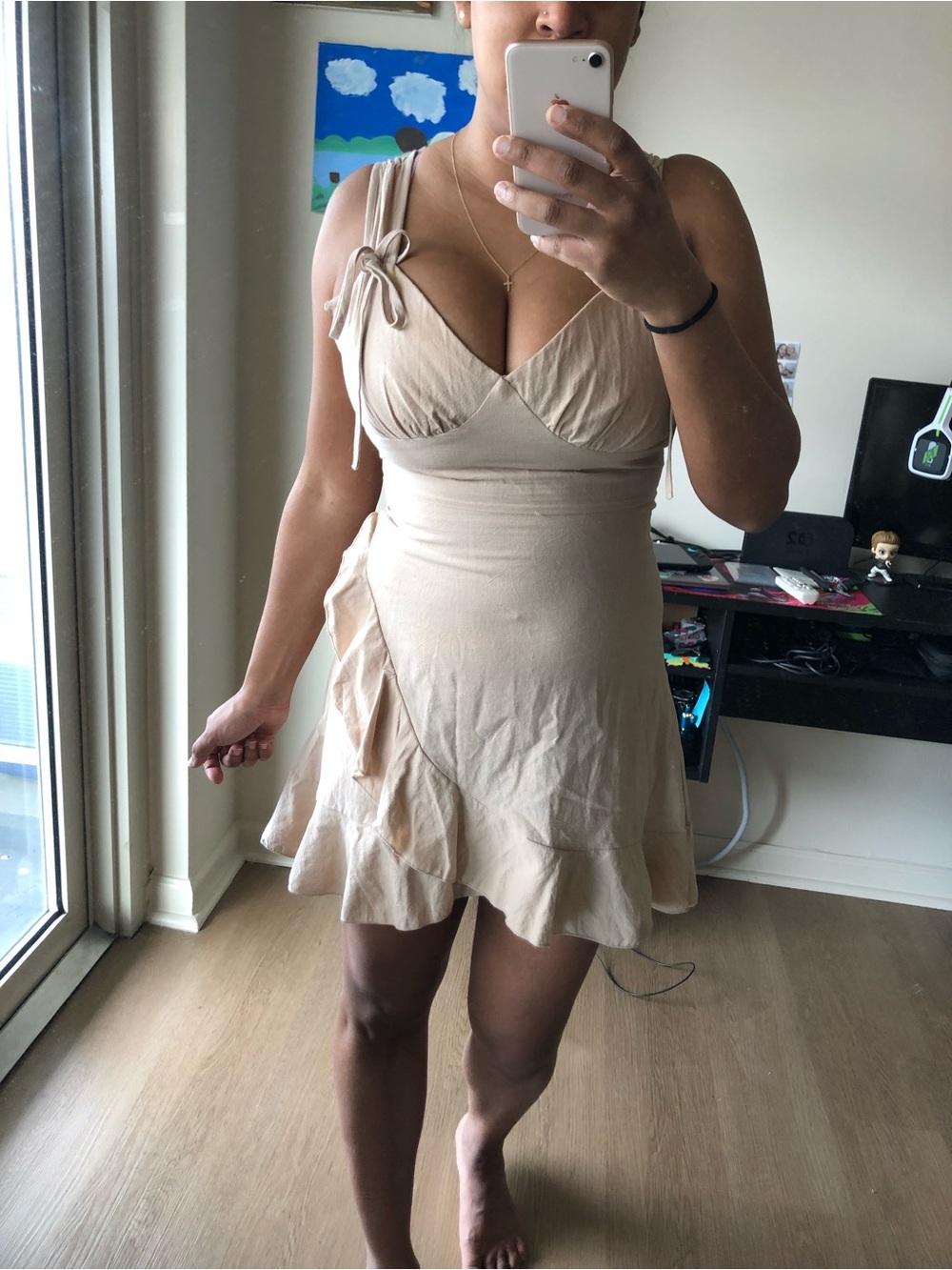 Linen Neutral Ruffle Tie-Strap Mini Dress